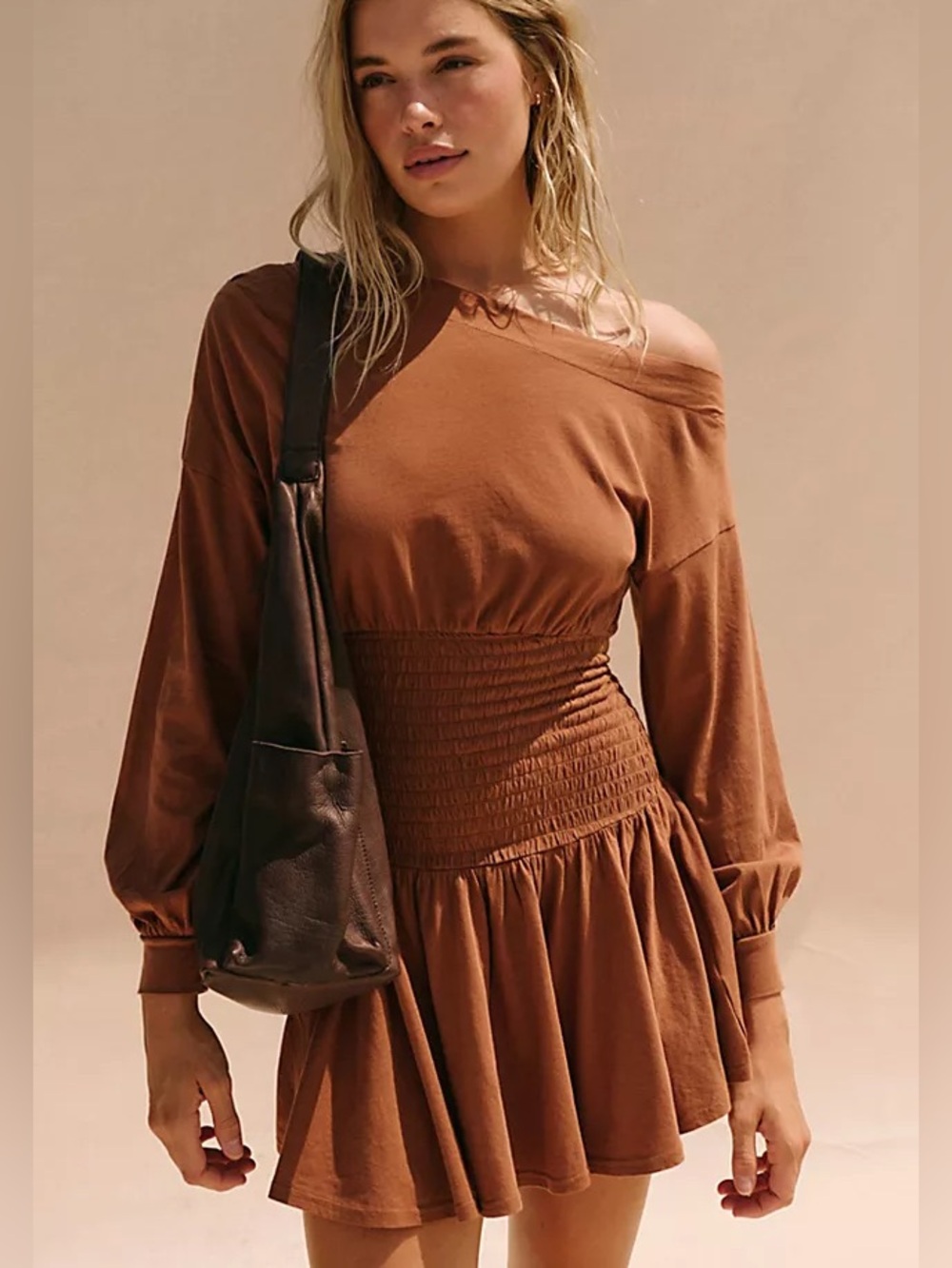 Free People | XS | Scorching Hot Long-Sleeve Mini Dress in Warm Brown
